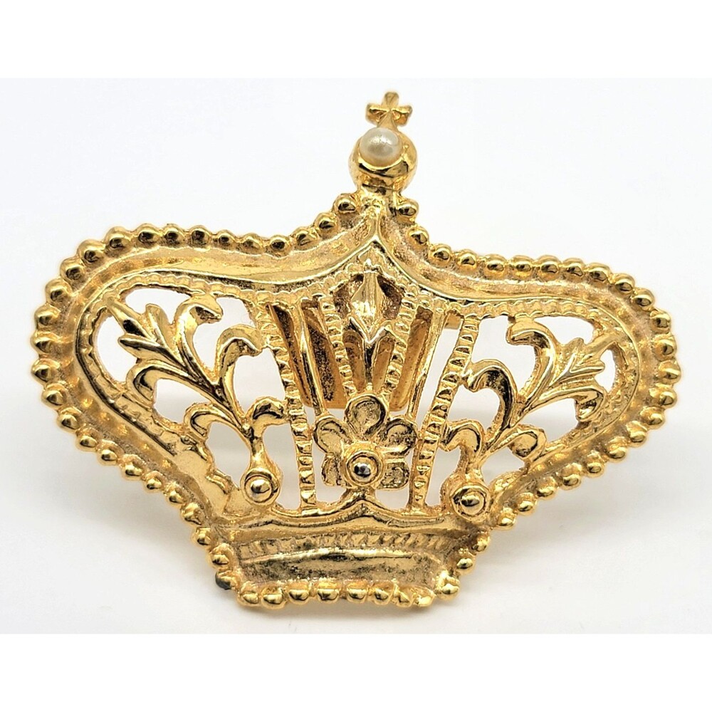 Gold Tone Crown Scarf Clip Faux Pearl Filigree Openwork Accessory Vintage Shiny!